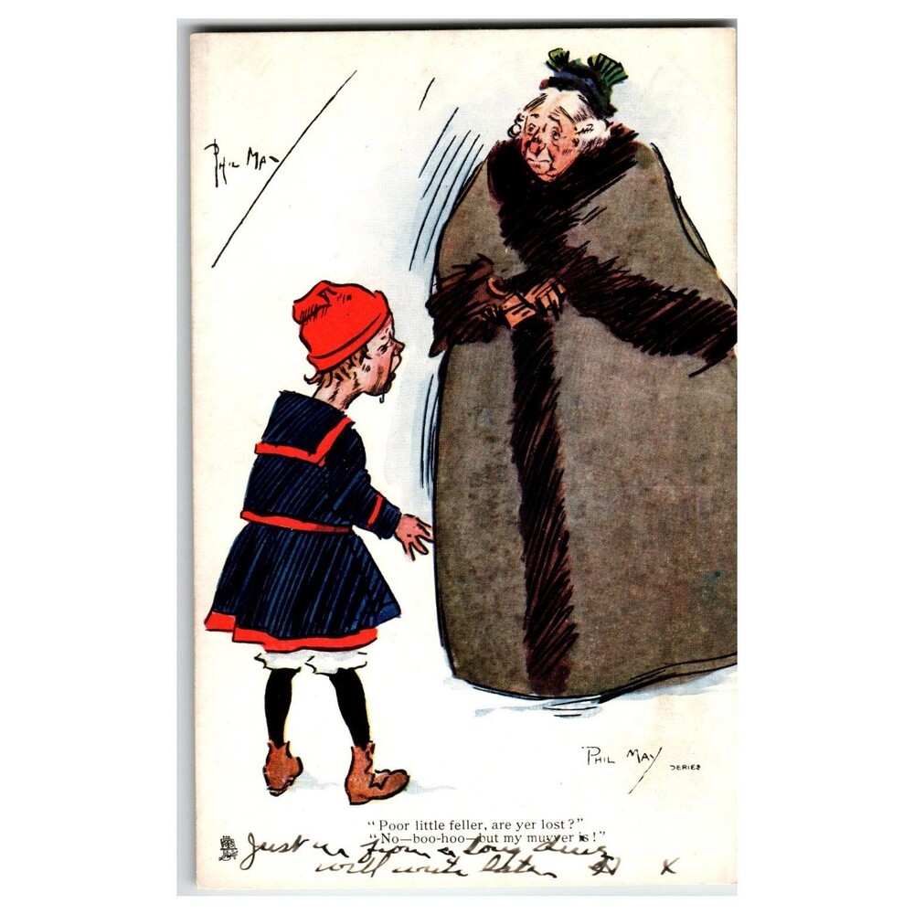 Phil May Humorous Cartoon Postcard Boy & Woman "Poor Little Feller" Raphael Tuck